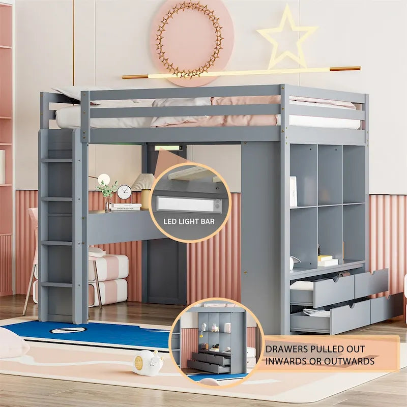 Merax Loft Bed with large shelves, writing desk and LED Light