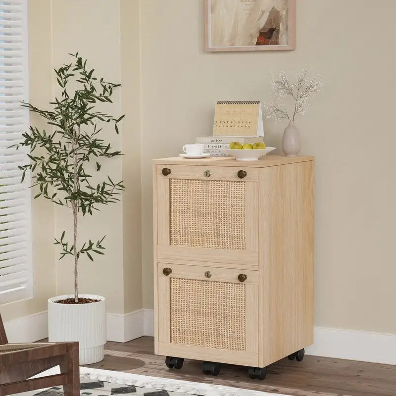 Mobile File Cabinet Wood Rattan 2-Drawer with Lock