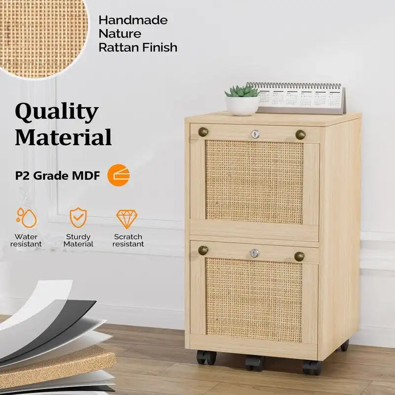 Mobile File Cabinet Wood Rattan 2-Drawer with Lock