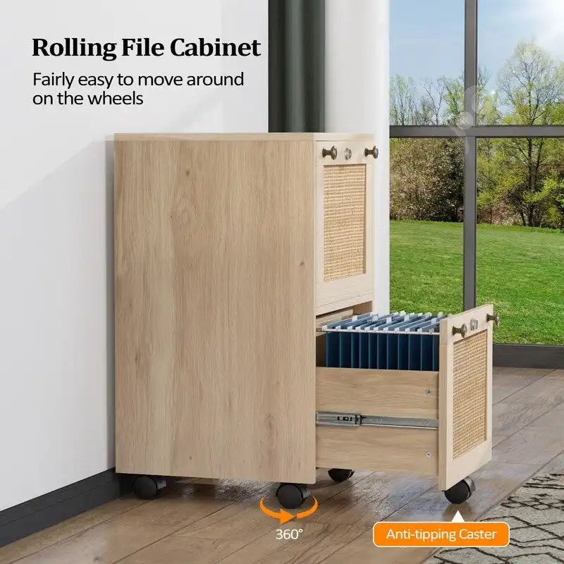 Mobile File Cabinet Wood Rattan 2-Drawer with Lock