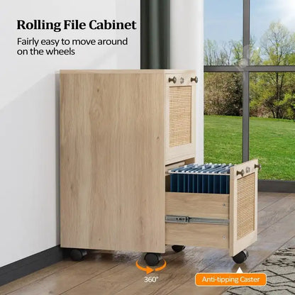 Mobile File Cabinet Wood Rattan 2-Drawer with Lock