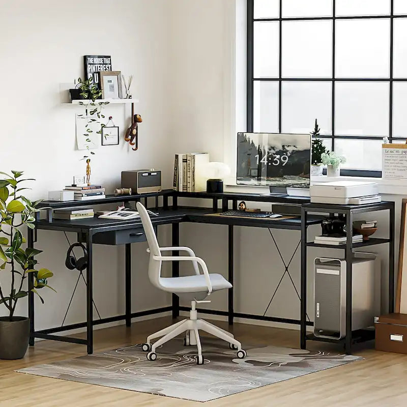 68 Home Office Desk with File Drawer & Power Outlet, LED Lights