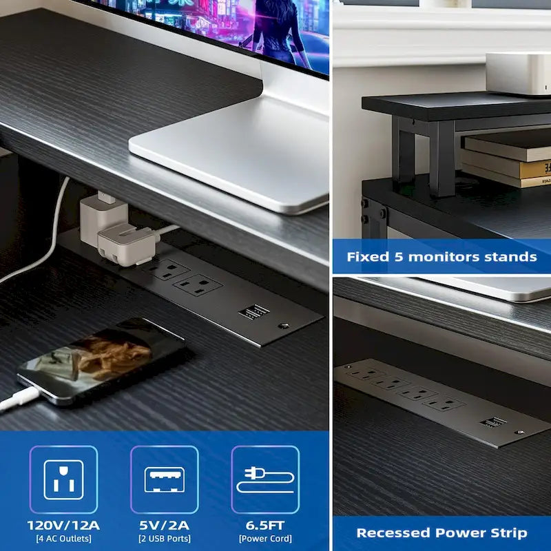 68 Home Office Desk with File Drawer & Power Outlet, LED Lights