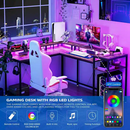 68 Home Office Desk with File Drawer & Power Outlet, LED Lights