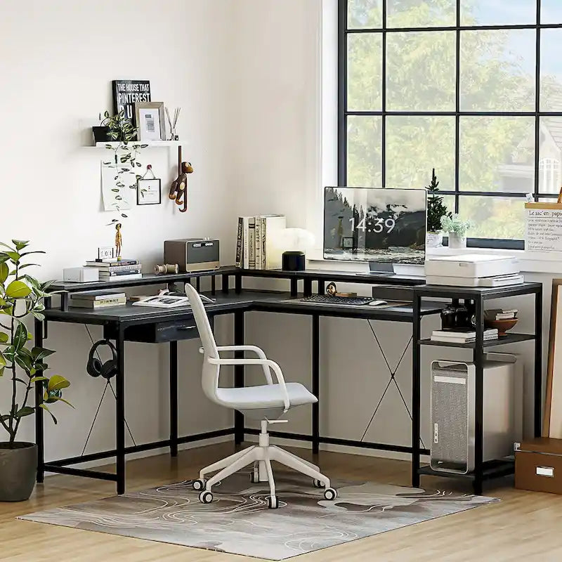 68 Home Office Desk with File Drawer & Power Outlet, LED Lights
