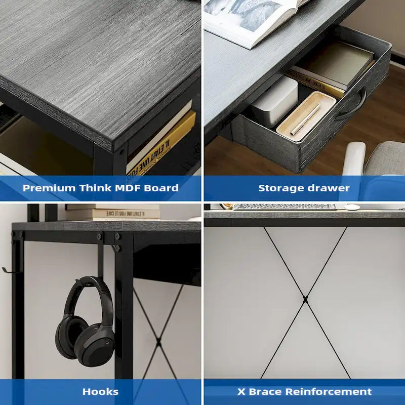 68 Home Office Desk with File Drawer & Power Outlet, LED Lights