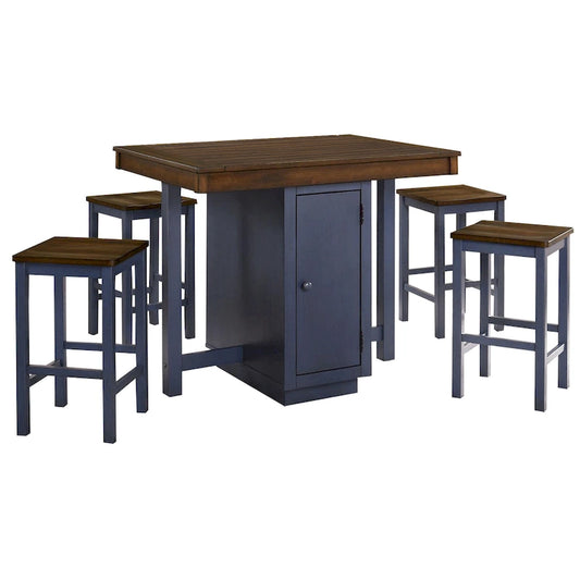5 Piece Counter Height Dining Table Set, 4 Stools, Antique Oak, Blue Wood