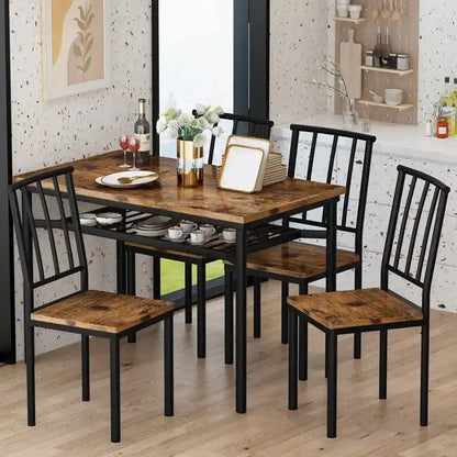 Modern Industrial Dining Table Set for 4, 5-Piece Wood Kitchen Table and Chairs, Dining Room Table Set with Storage Rack