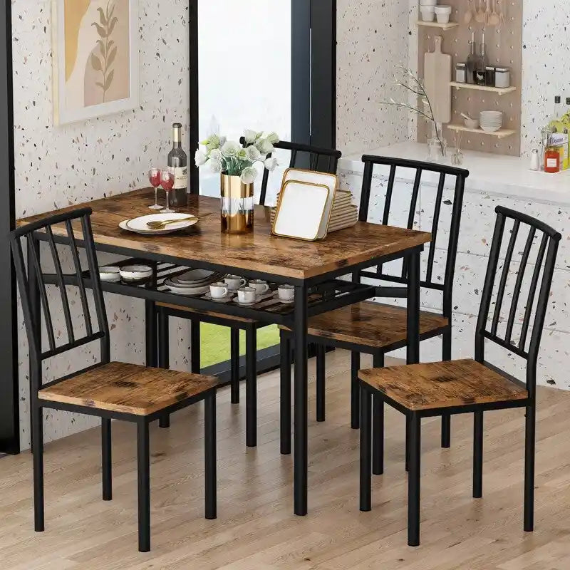 Modern Industrial Dining Table Set for 4, 5-Piece Wood Kitchen Table and Chairs, Dining Room Table Set with Storage Rack