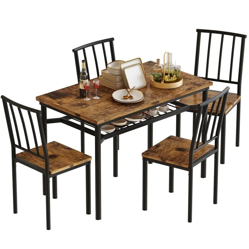 Modern Industrial Dining Table Set for 4, 5-Piece Wood Kitchen Table and Chairs, Dining Room Table Set with Storage Rack