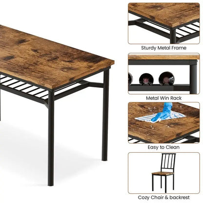 Modern Industrial Dining Table Set for 4, 5-Piece Wood Kitchen Table and Chairs, Dining Room Table Set with Storage Rack