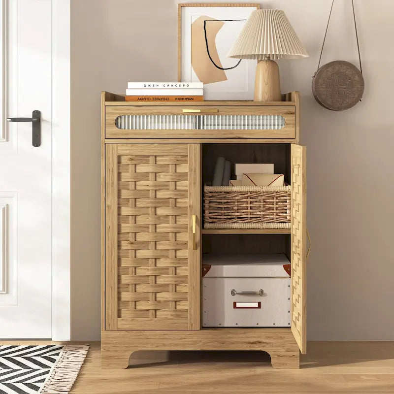 Modern Cabinet with Drawer and Adjustable Shelf, Barn Door Storage Cabinet for Kitchen, Dining Room, Bathroom, Entryway