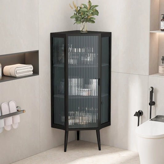 Floor Coner Cabinet, 3 Tiers with Tempered Glass Doors and Storage Shelves