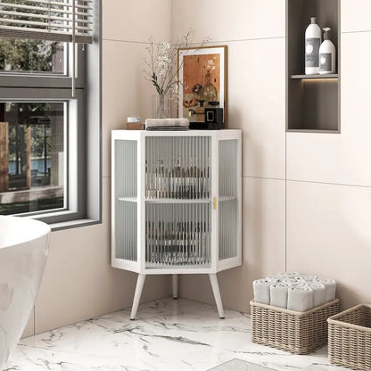 Floor Coner Cabinet, 3 Tiers with Tempered Glass Doors and Storage Shelves