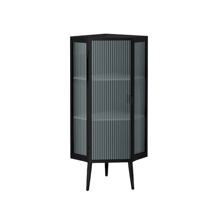 Floor Coner Cabinet, 3 Tiers with Tempered Glass Doors and Storage Shelves