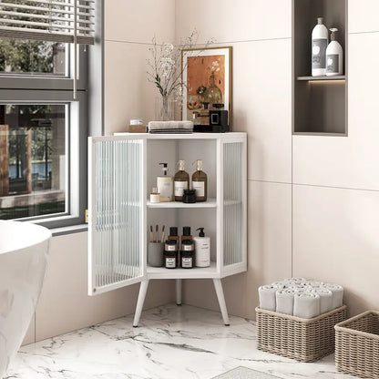 Floor Coner Cabinet, 3 Tiers with Tempered Glass Doors and Storage Shelves
