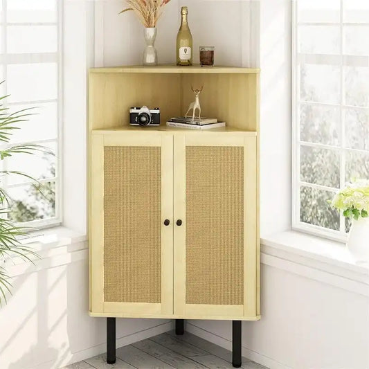 4 Tier Corner Cabinet with Doors Shelves Rattan Freestanding Bar Storage Cabinet - 22.25D x 15.75W x 39.56H