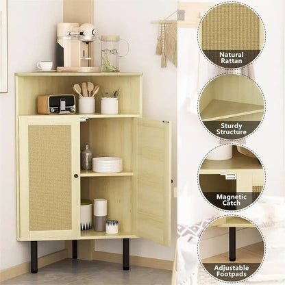 4 Tier Corner Cabinet with Doors Shelves Rattan Freestanding Bar Storage Cabinet - 22.25D x 15.75W x 39.56H