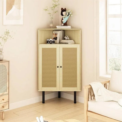 4 Tier Corner Cabinet with Doors Shelves Rattan Freestanding Bar Storage Cabinet - 22.25D x 15.75W x 39.56H