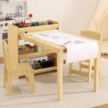 Kids Art Table with 2 Chairs, Activity Desk with Storage Shelves
