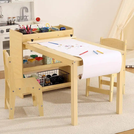 Kids Art Table with 2 Chairs, Activity Desk with Storage Shelves
