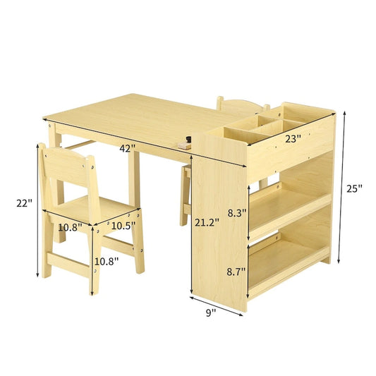 Kids Art Table with 2 Chairs, Activity Desk with Storage Shelves