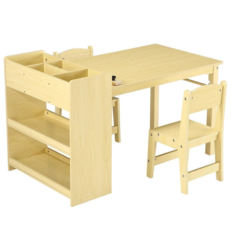 Kids Art Table with 2 Chairs, Activity Desk with Storage Shelves