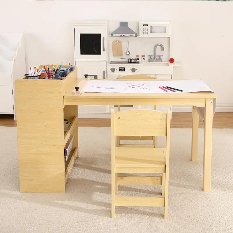 Kids Art Table with 2 Chairs, Activity Desk with Storage Shelves