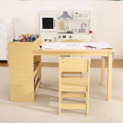 Kids Art Table with 2 Chairs, Activity Desk with Storage Shelves