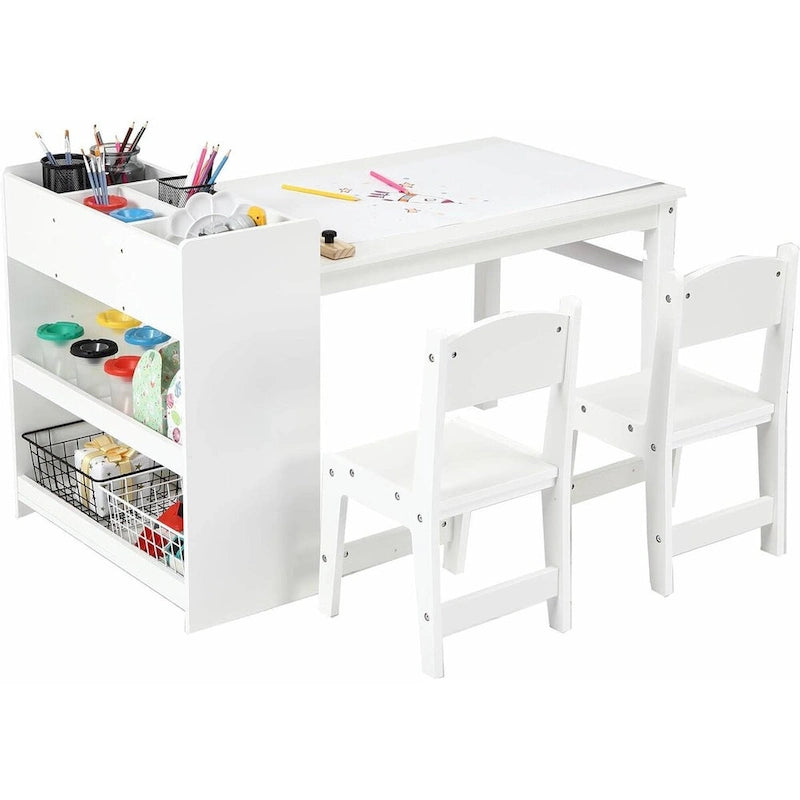 Kids Art Table with 2 Chairs, Activity Desk with Storage Shelves