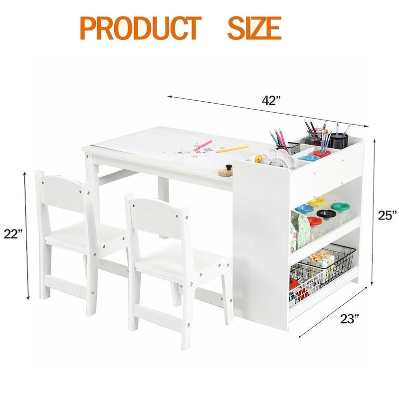 Kids Art Table with 2 Chairs, Activity Desk with Storage Shelves
