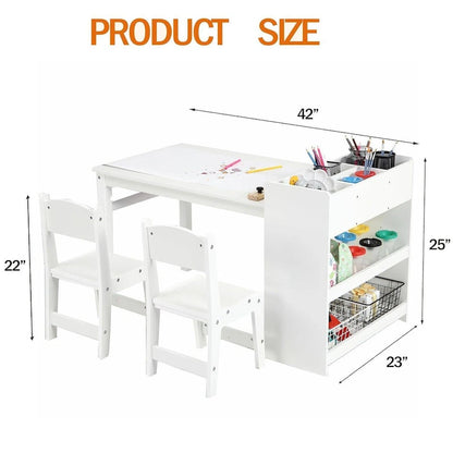 Kids Art Table with 2 Chairs, Activity Desk with Storage Shelves