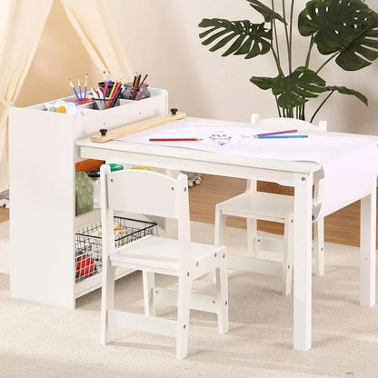 Kids Art Table with 2 Chairs, Activity Desk with Storage Shelves