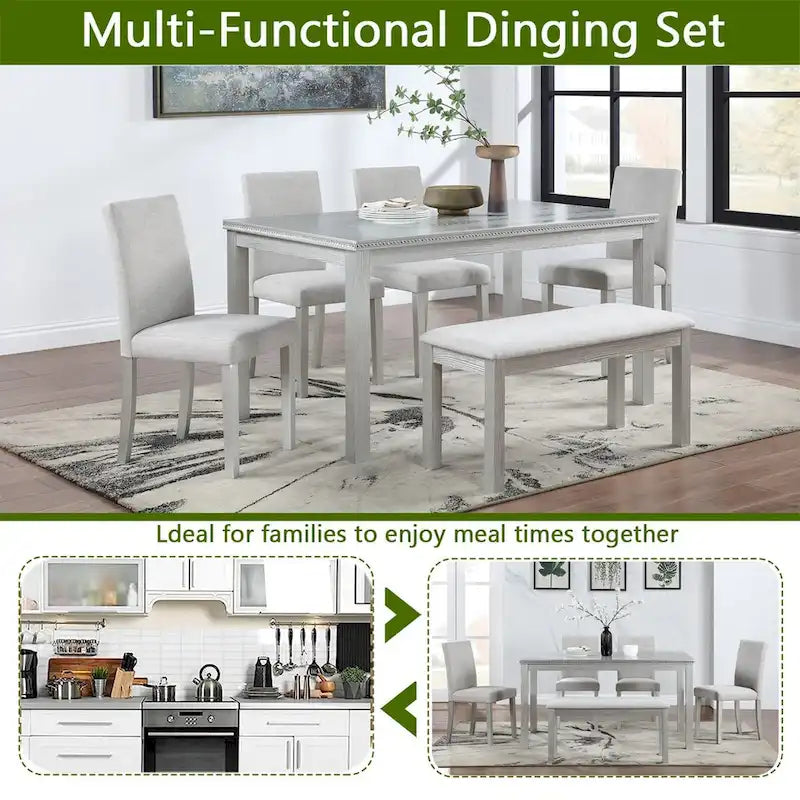 Wooden Dining Rectangular Table with Bench and 4 Chairs