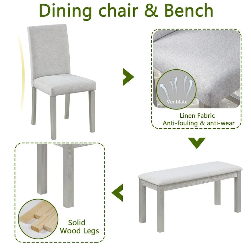 Wooden Dining Rectangular Table with Bench and 4 Chairs