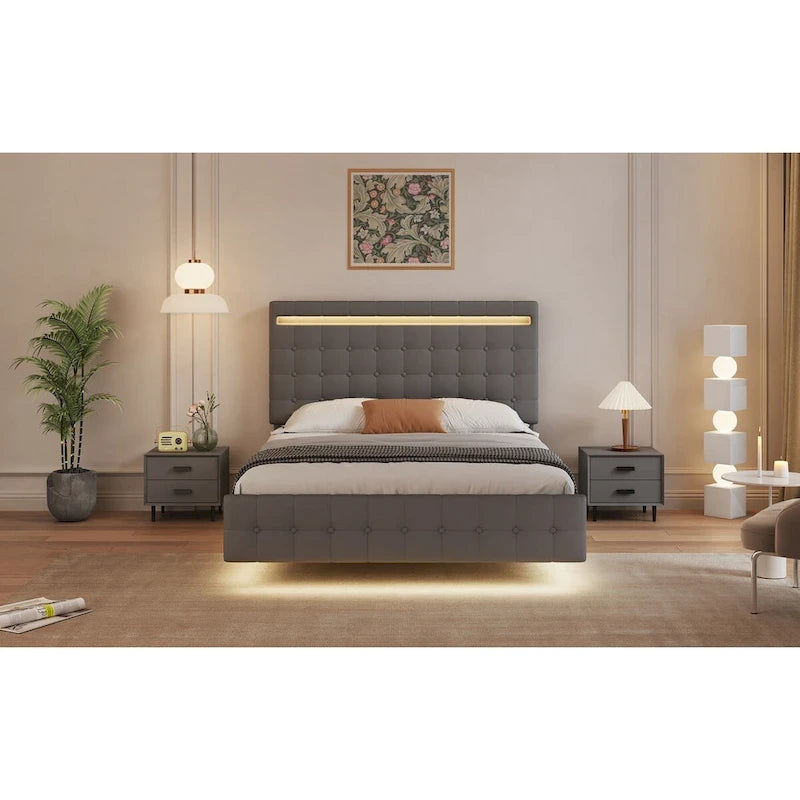 Floating Bed Frame Queen Size with LED Lights, Upholstered Headboard and Footboard Platform Bed, Wood Slats Easy Assembly