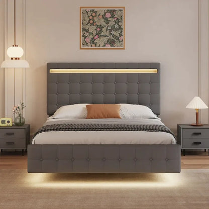 Floating Bed Frame Queen Size with LED Lights, Upholstered Headboard and Footboard Platform Bed, Wood Slats Easy Assembly