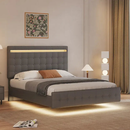 Floating Bed Frame Queen Size with LED Lights, Upholstered Headboard and Footboard Platform Bed, Wood Slats Easy Assembly
