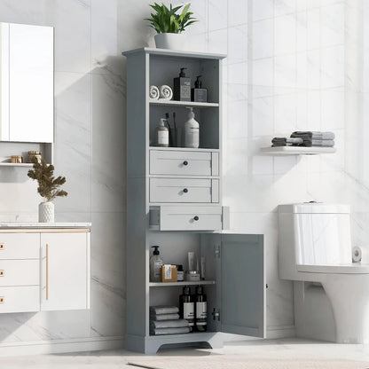 Tall Storage Cabinet with 3 Drawers and Adjustable Shelves for Bathroom