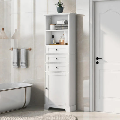 Tall Storage Cabinet with 3 Drawers and Adjustable Shelves for Bathroom
