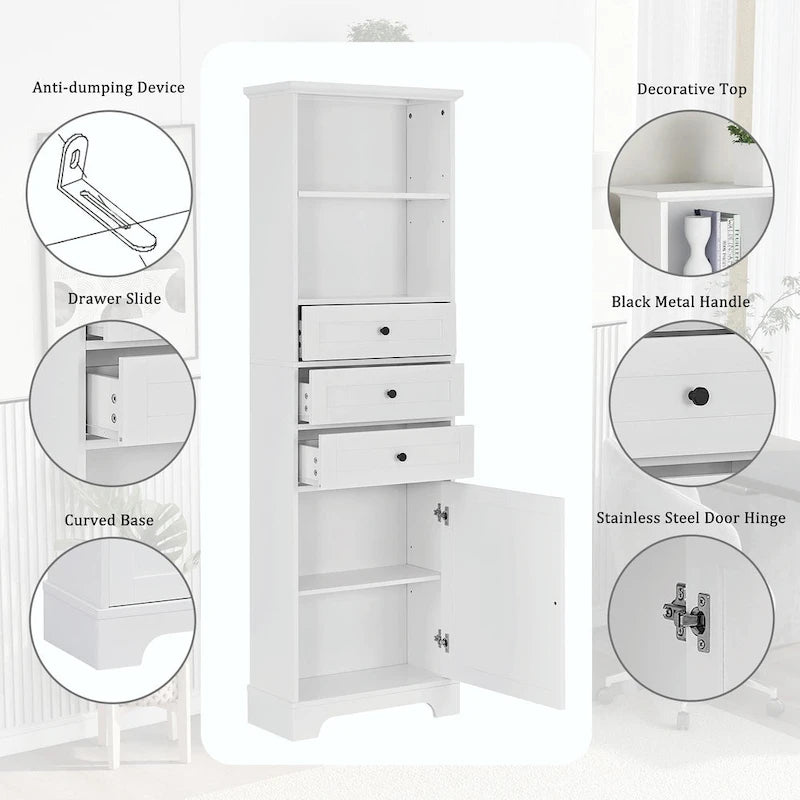 Tall Storage Cabinet with 3 Drawers and Adjustable Shelves for Bathroom