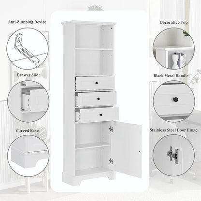 Tall Storage Cabinet with 3 Drawers and Adjustable Shelves for Bathroom