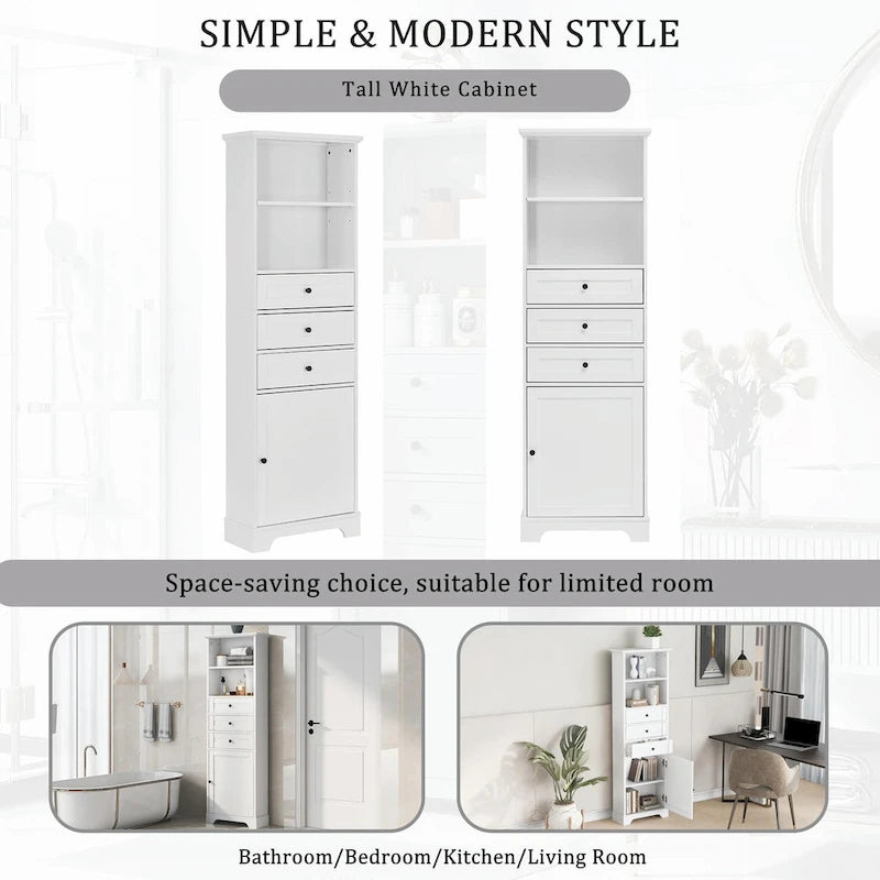 Tall Storage Cabinet with 3 Drawers and Adjustable Shelves for Bathroom