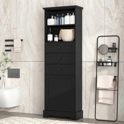 Tall Storage Cabinet with 3 Drawers and Adjustable Shelves for Bathroom