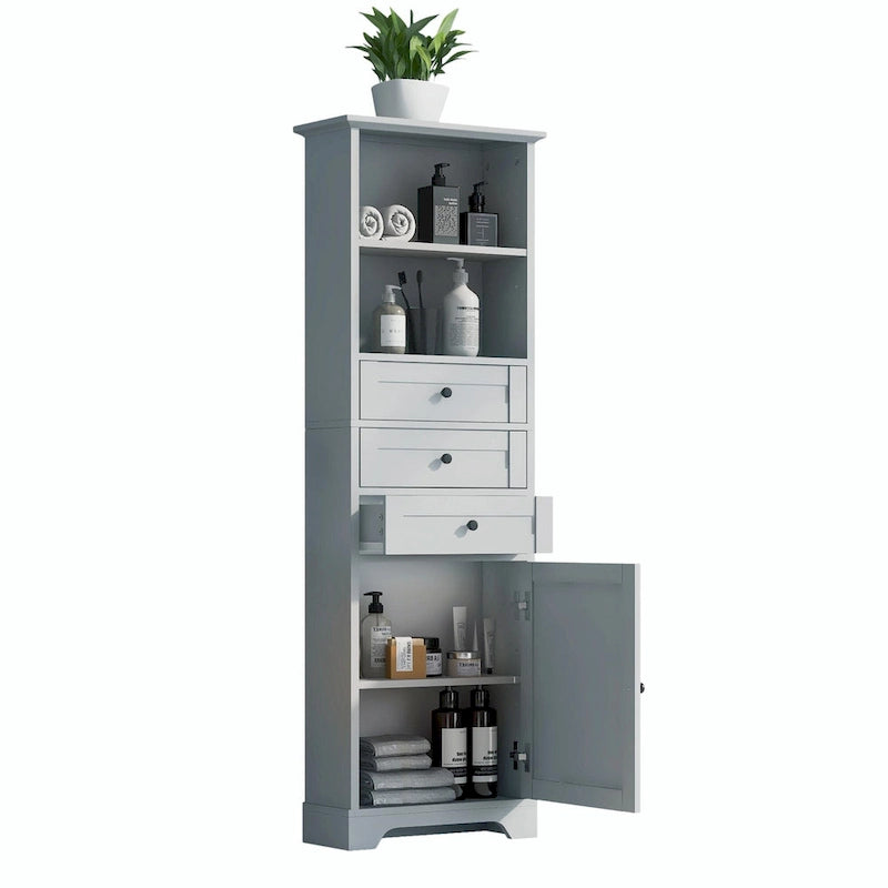 Tall Storage Cabinet with 3 Drawers and Adjustable Shelves for Bathroom