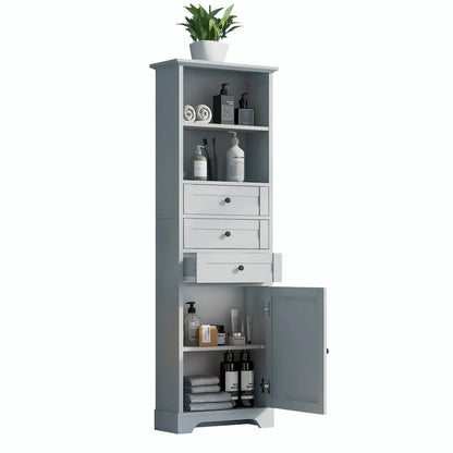 Tall Storage Cabinet with 3 Drawers and Adjustable Shelves for Bathroom