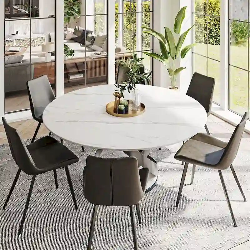 Modern Dining Table Sets, Round Glossy Sintered Stone Dining Table with Dining Chairs