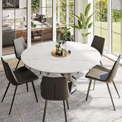 Modern Dining Table Sets, Round Glossy Sintered Stone Dining Table with Dining Chairs