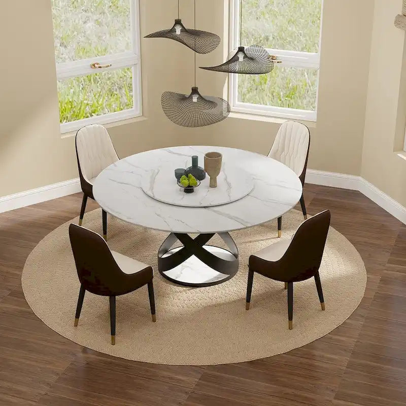 Modern Dining Table Sets, Round Glossy Sintered Stone Dining Table with Dining Chairs