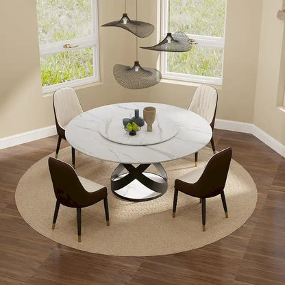 Modern Dining Table Sets, Round Glossy Sintered Stone Dining Table with Dining Chairs